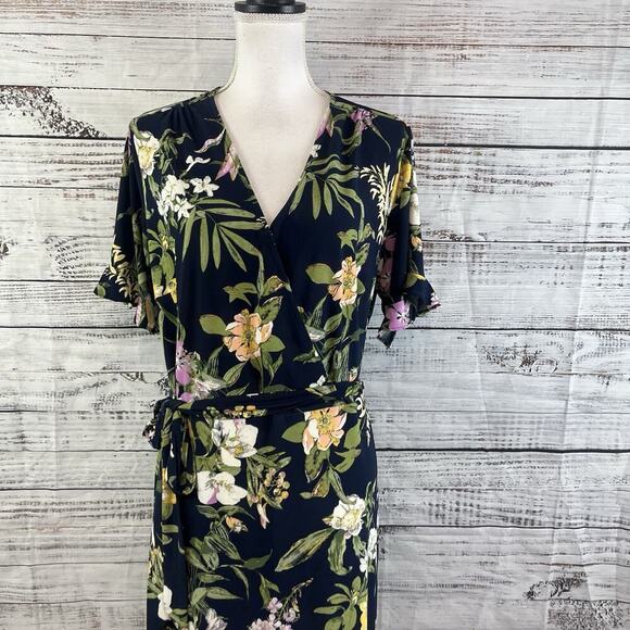 Roz & Ali Dress Plus sz 1X Navy Blue Purple Green Floral Slinky Stretch Tropical - Picture 2 of 11